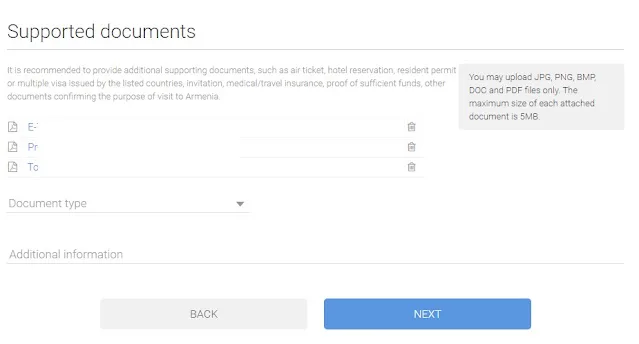 Support Documents for E-visa Armenia