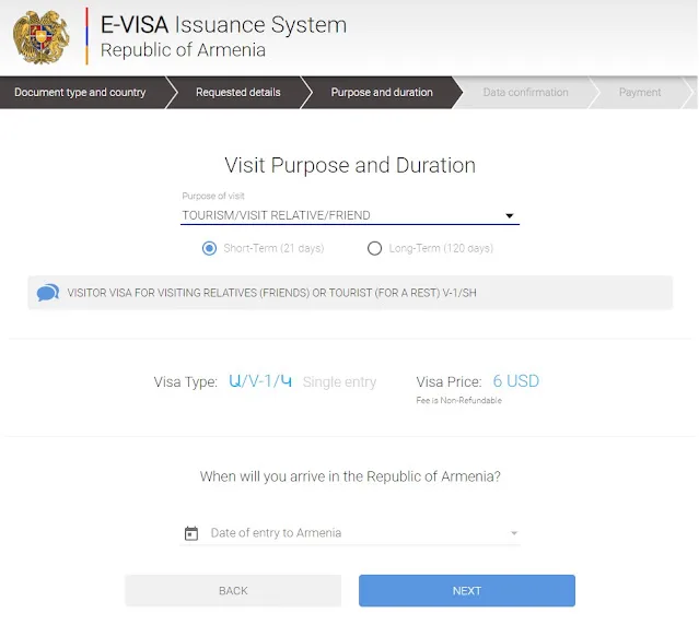 Visit date for visa Armenia