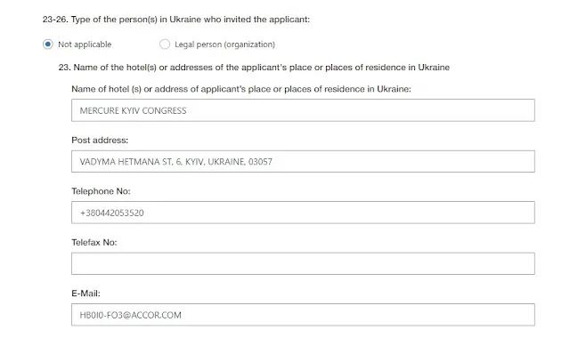 ข้อมูลโรงแรมทำวีซ่ายูเครน Hotel Address E-Visa Ukraine